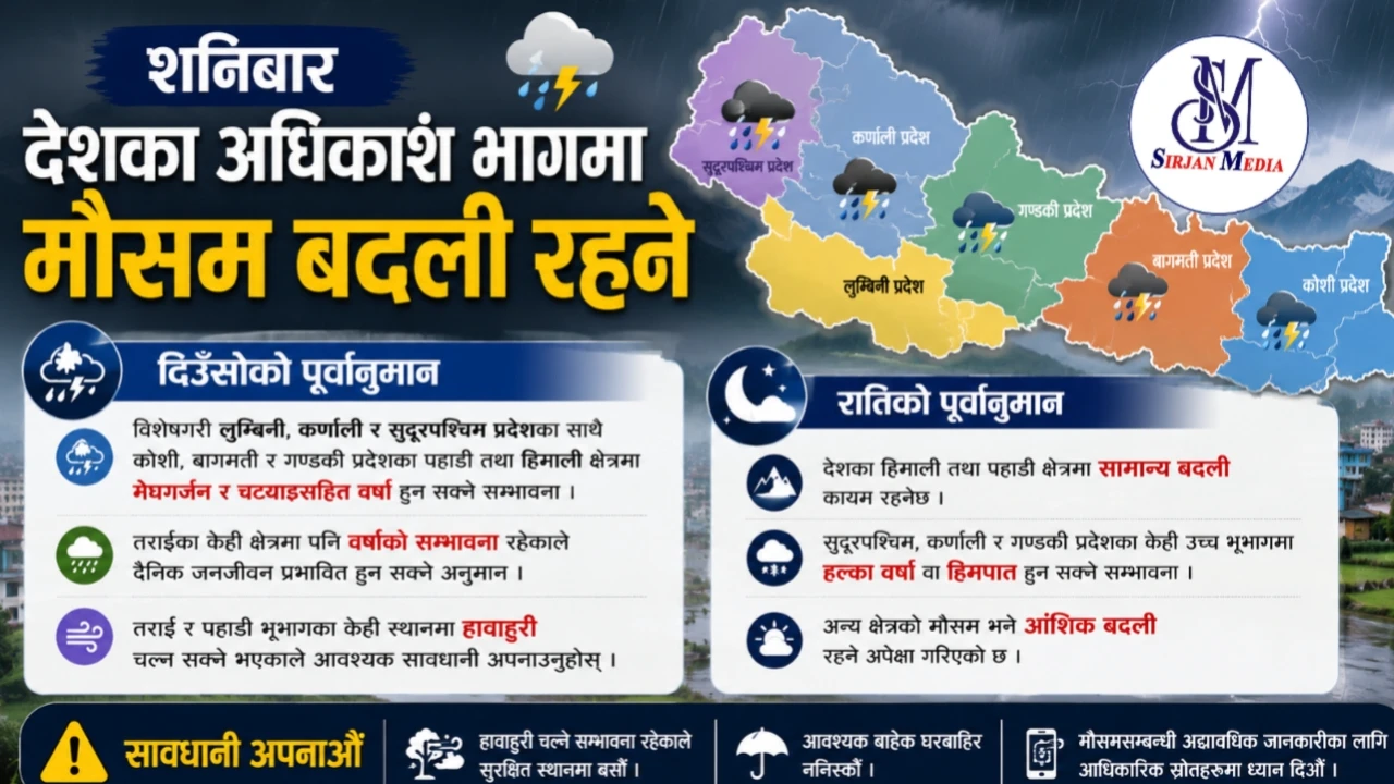 मौसम अपडेट: शनिबार देशका धेरै ठाउँमा वर्षाको सम्भावना