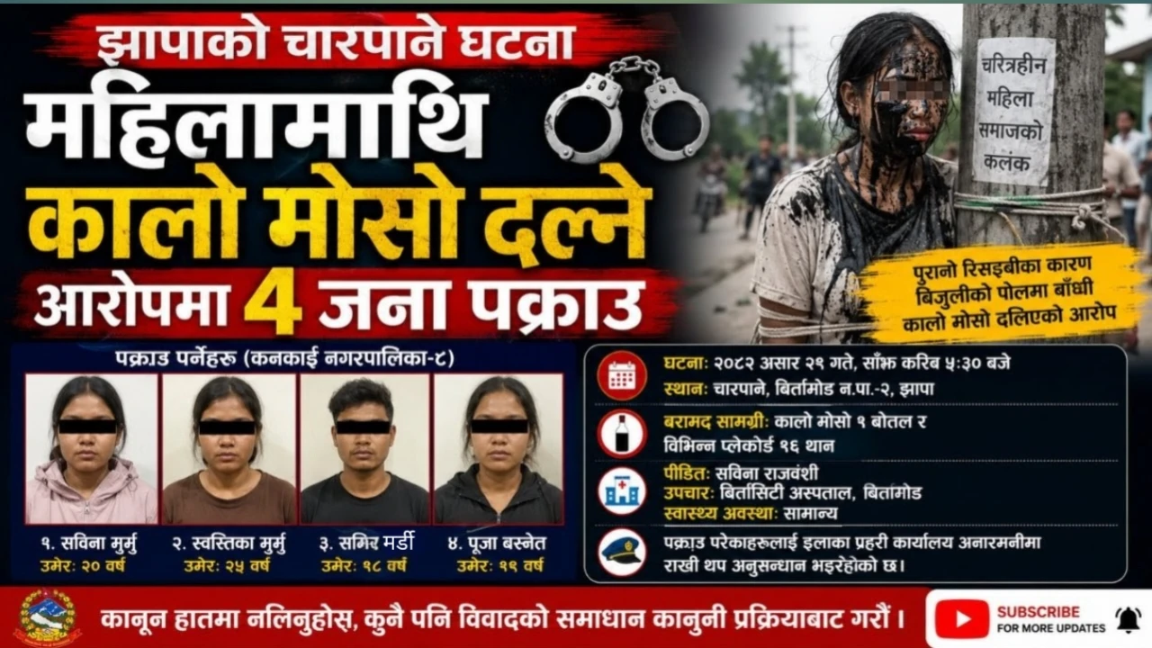चारपानेमा महिलामाथि कालो मोसो दलेको आरोपमा ४ जना पक्राउ    

