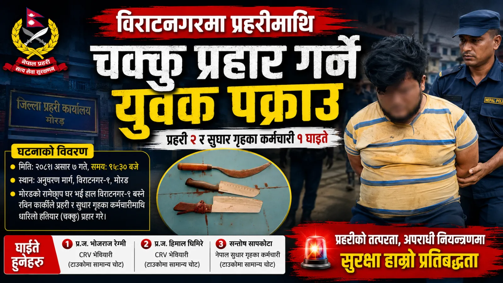 विराटनगरमा प्रहरीमाथि चक्कु प्रहार गर्ने युवक पक्राउ