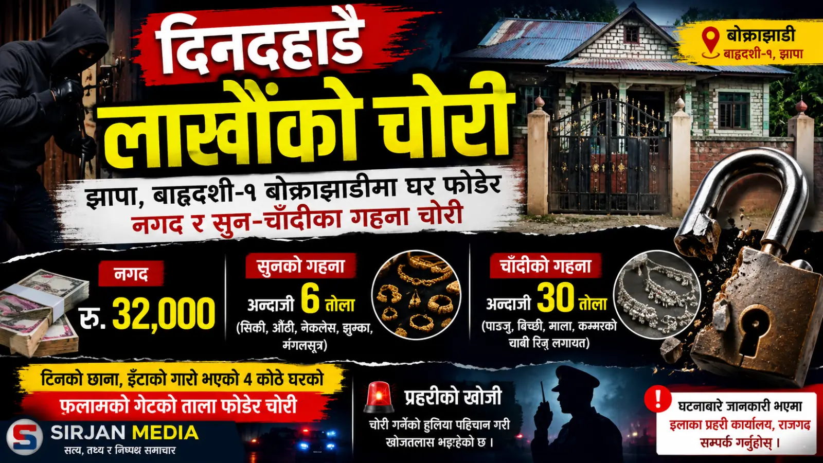 दिनदहाडै घर फोडेर लाखौँ बराबरका नगद तथा गरगहना चोरी