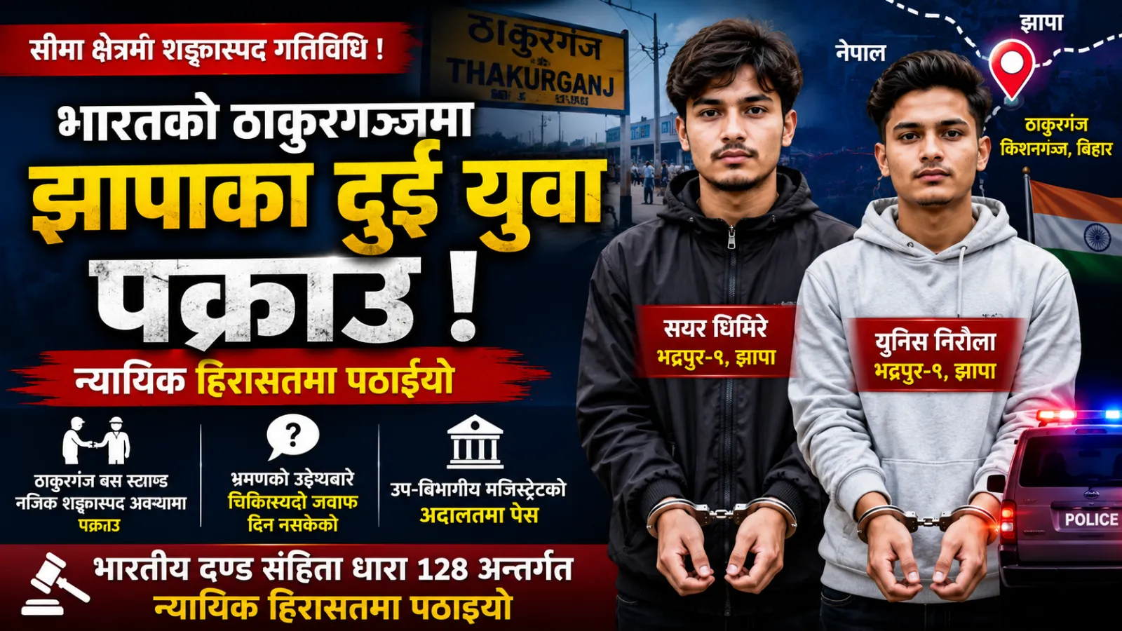 झापाका दुई युवा भारतको ठाकुरगञ्जमा पक्राउ, न्यायिक हिरासतमा पठाइयो