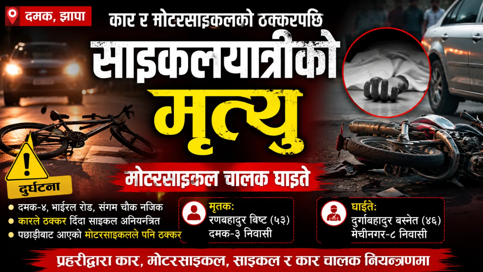 दमकमा कार र मोटरसाइकलको ठक्करपछि साइकलयात्रीको मृत्यु, चालक घाइते