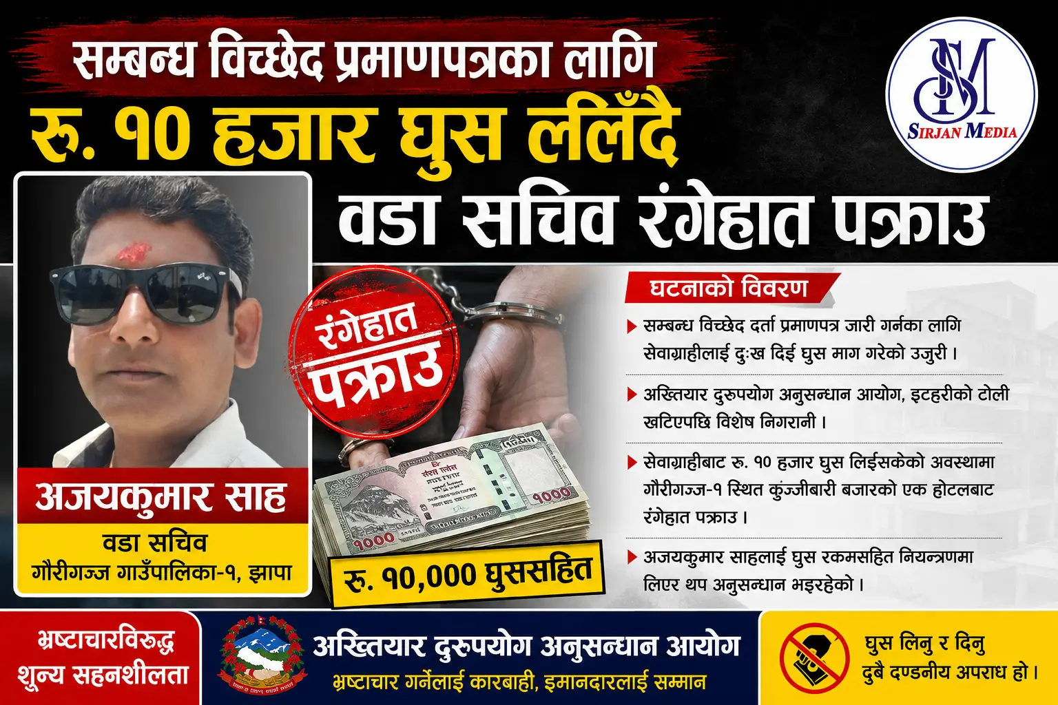 झापामा सम्बन्ध विच्छेद प्रमाणपत्रका लागि रु. १० हजार घुस लिँदै वडा सचिव अजयकुमार साह रंगेहात पक्राउ